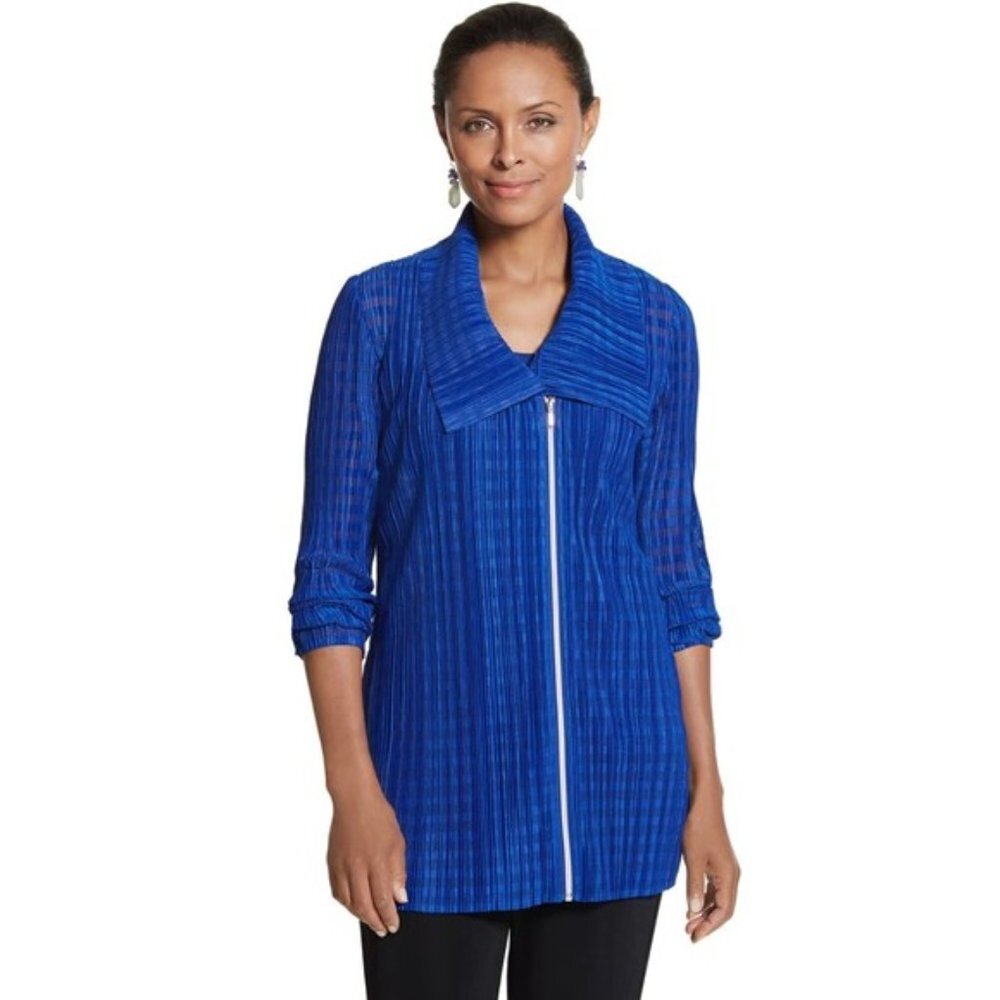CHICO'S Travelers Pleated Up Zip Jacket 2/12-14/L Royal Blue Vibrant 3/4 Sleeve